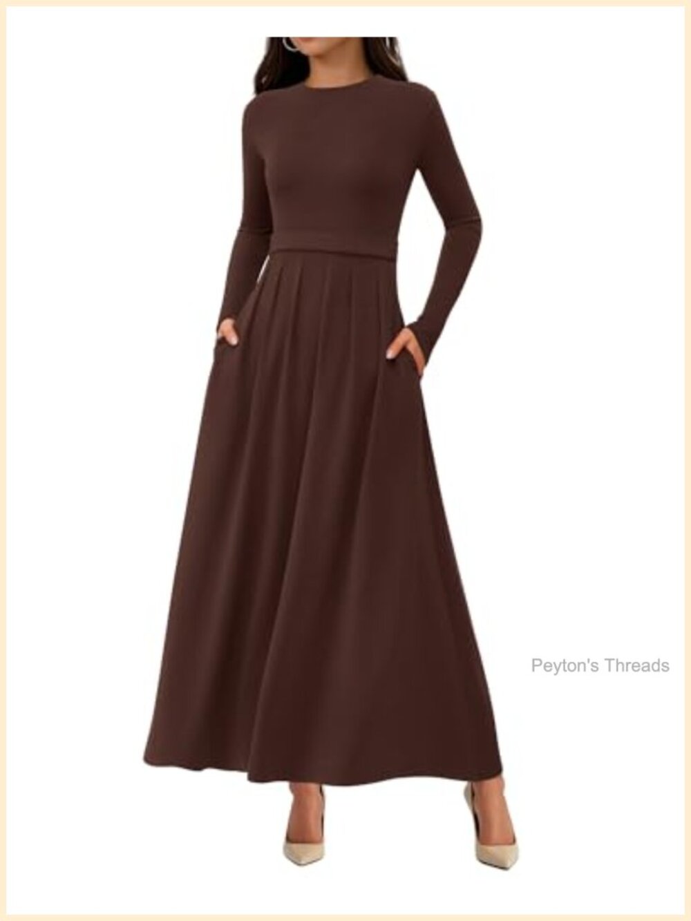 Women's Long Sleeve A-Line Pleated Maxi Dress with Pockets